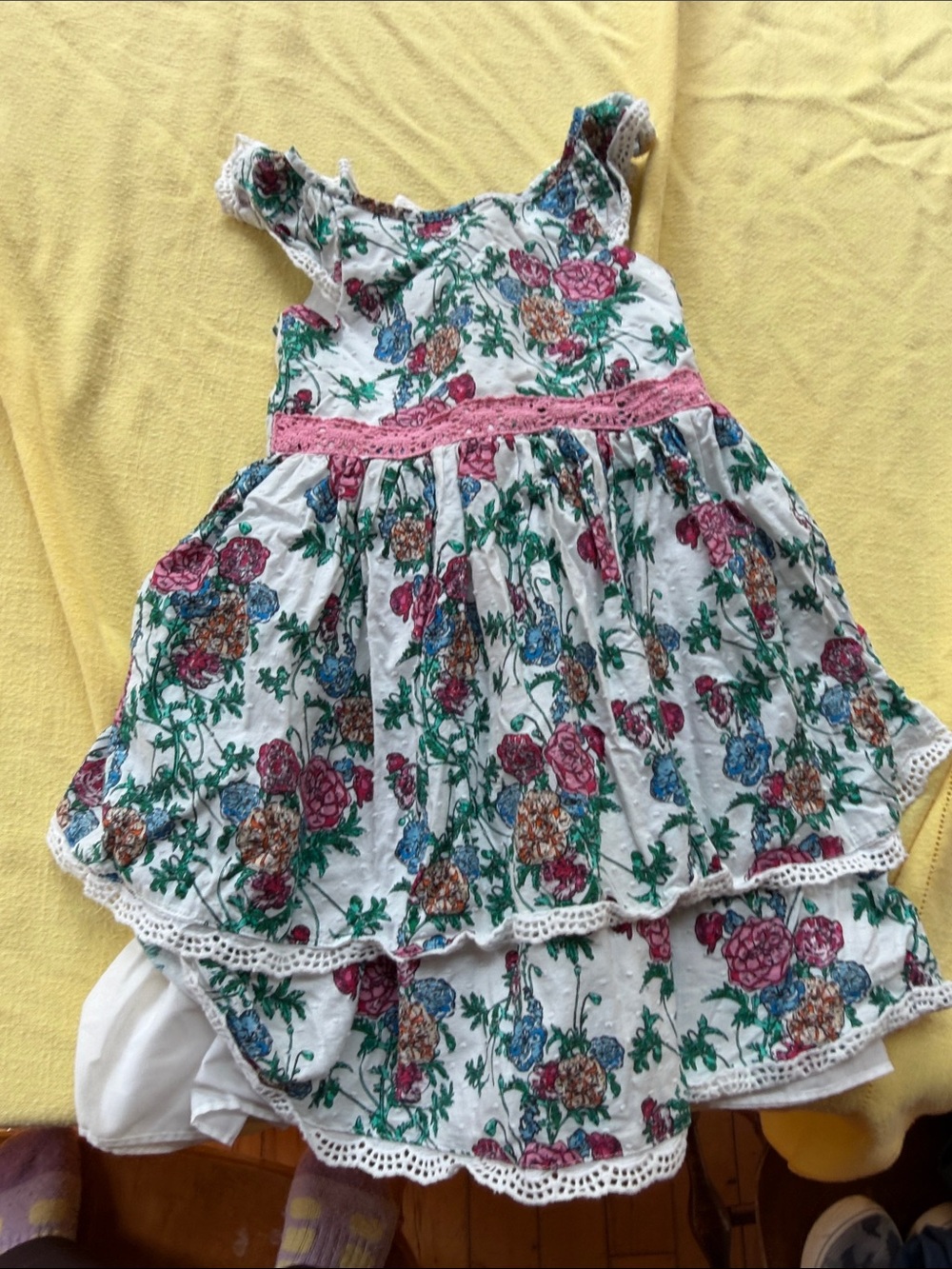 Pippa & Julie White Floral Tiered Dress with Pink Waistband